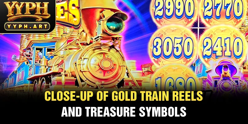 Close-Up of Gold Train Reels and Treasure Symbols